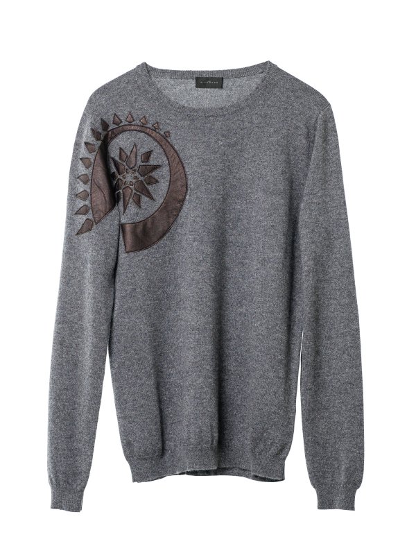 JOHN RICHMOND: crew necks - Gray jumper with leather patch
