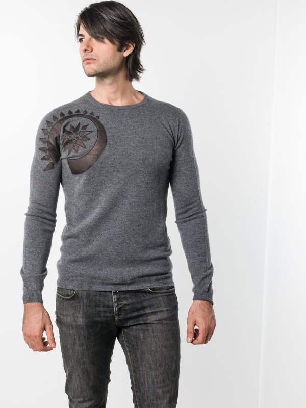 JOHN RICHMOND: crew necks online - Gray jumper with leather patch