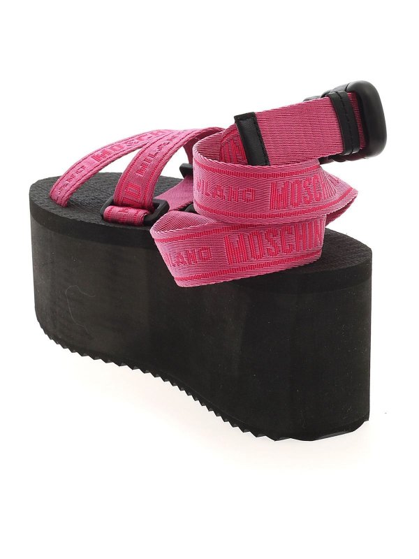 Moschino Logo tape wedge sandals in pink and black