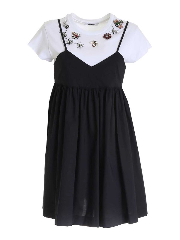 Vivetta: knee length dresses - Embellished t-shirt dress in black and white