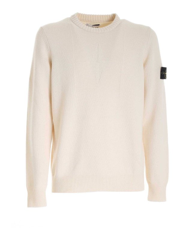 STONE ISLAND: crew necks - Logo patch sweater in cream color