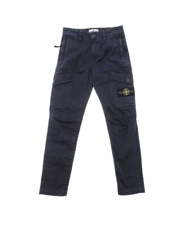 Stone Island Junior: pantaloni - Pantalone blu con patch logo