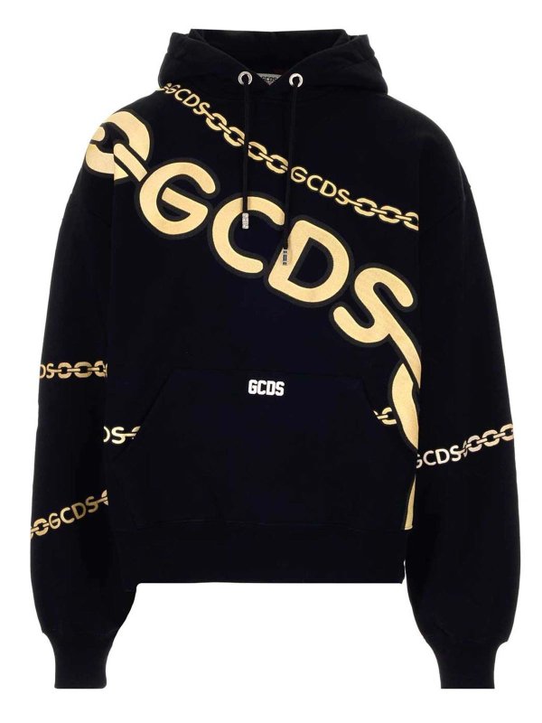 GCDS: Sweatshirts & Sweaters - Logo printed hoodie in black and yellow