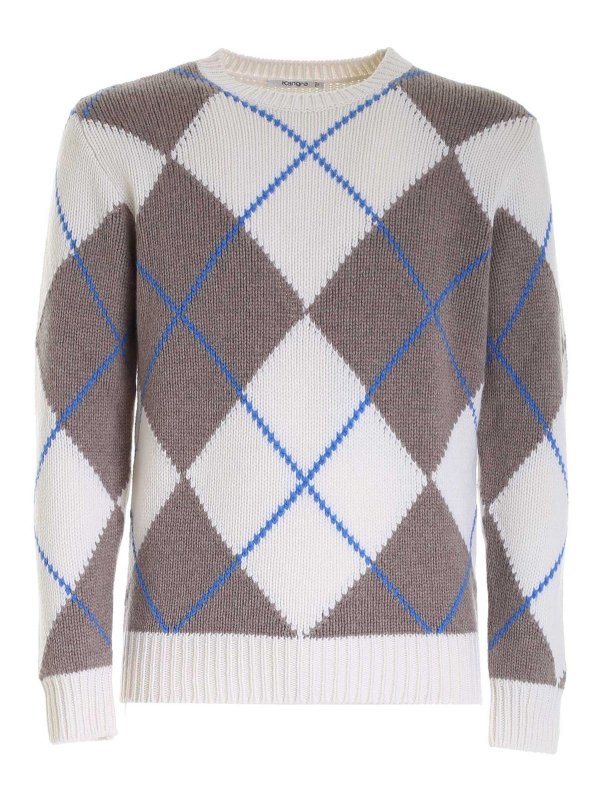 Kangra Cashmere: maglia collo rotondo - Maglione a rombi grigio e bianco
