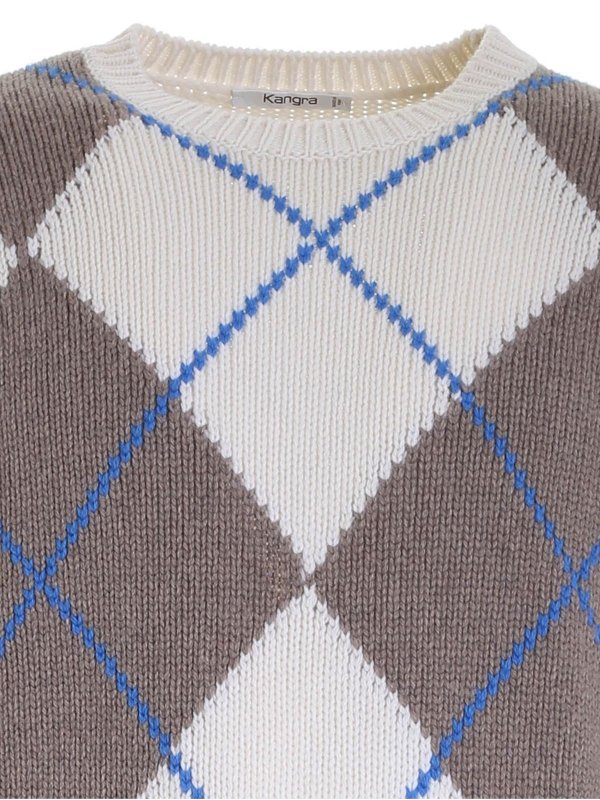 iKRIX Kangra Cashmere: maglia collo rotondo - Maglione a rombi grigio e bianco