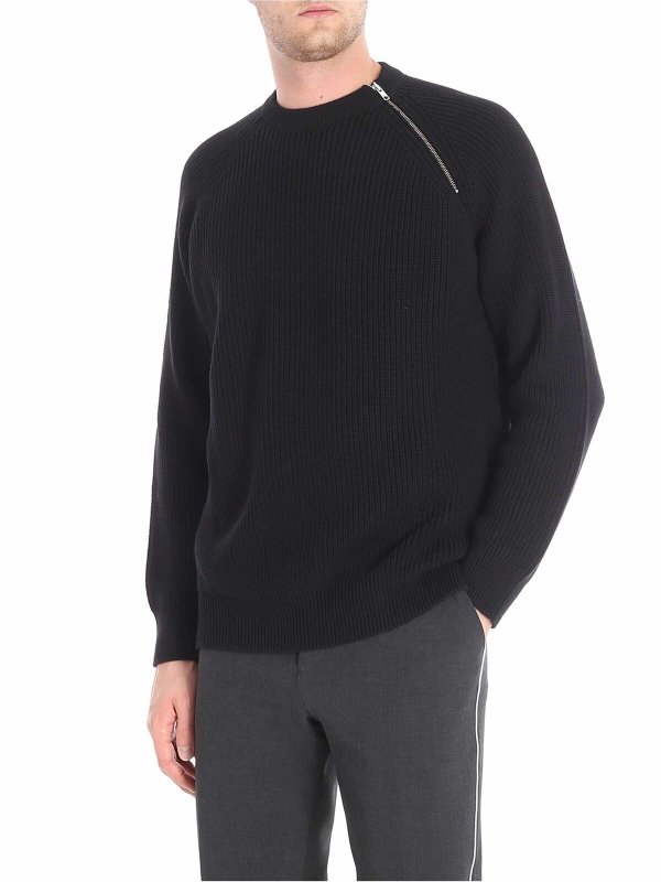KENZO: crew necks - Ribbed black pullover with zip on the necklin