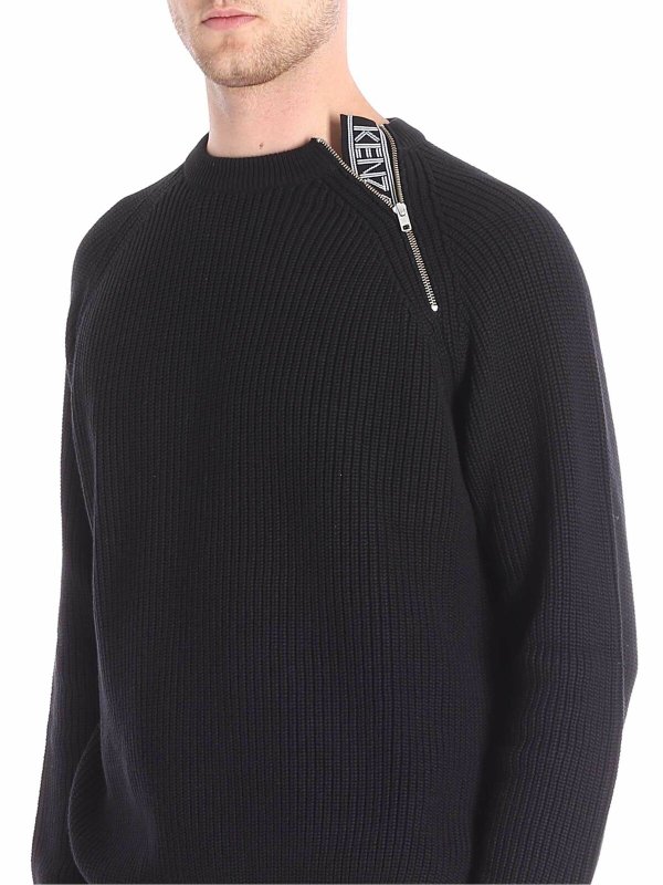Ribbed black pullover with zip on the necklin shop online: KENZO