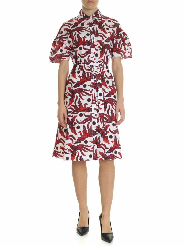 KENZO: abiti al ginocchio - Abito Shirting Belted bianco e rosso