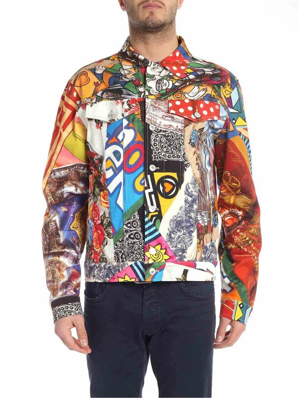 MOSCHINO: denim jacket - Multicolor jacket with foulard print