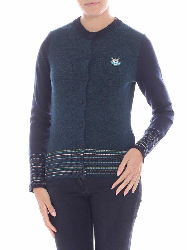 KENZO: cardigan - Cardigan verde con profili multicolor