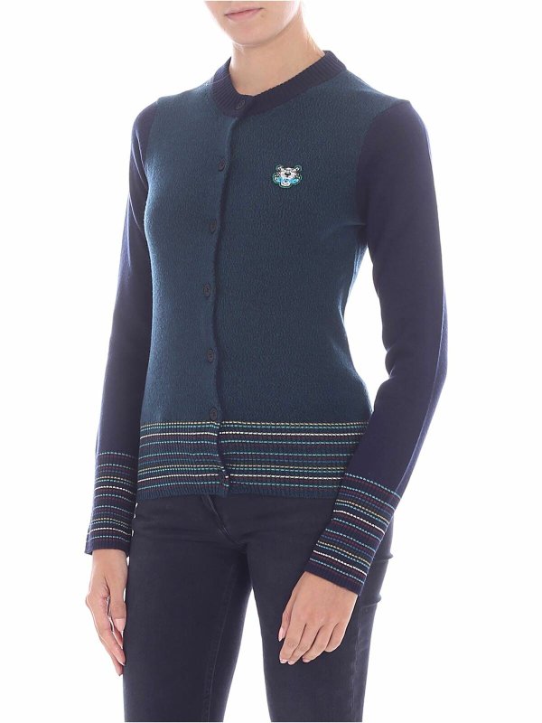 KENZO: cardigan online - Cardigan verde con profili multicolor