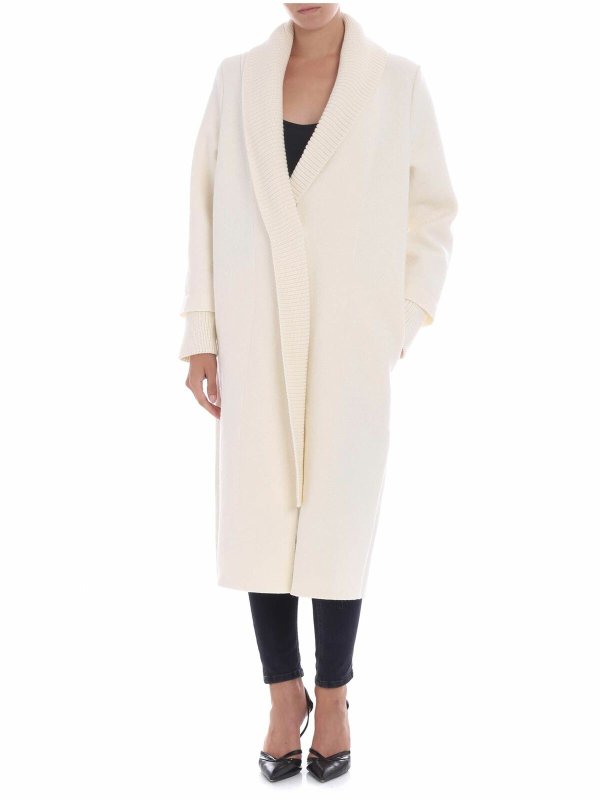FUZZI: knee length coats - Cream-colored coat with knitted edges