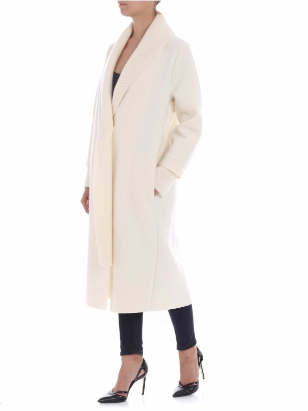 FUZZI: knee length coats online - Cream-colored coat with knitted edges