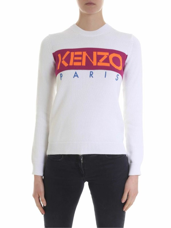 KENZO: crew necks - White crew neck sweater with Kenzo logo