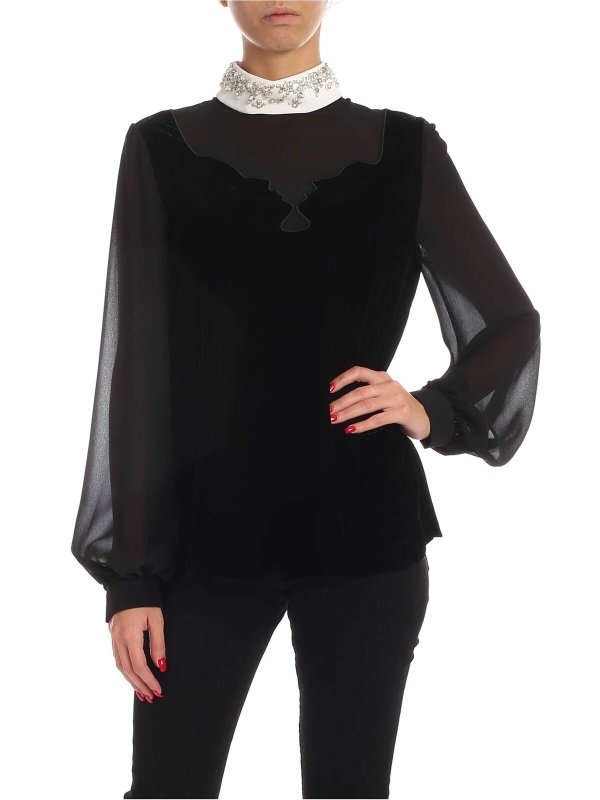 Vivetta: blouses - Jewel collar velvet blouse