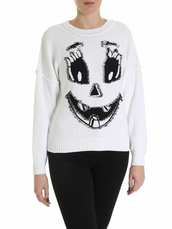 MOSCHINO: crew necks - Pumpkin Face pullover in white