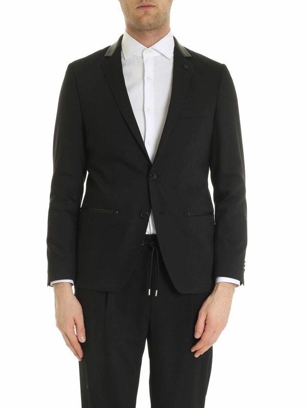 KARL LAGERFELD: blazers - Dark black jacket with leather insert