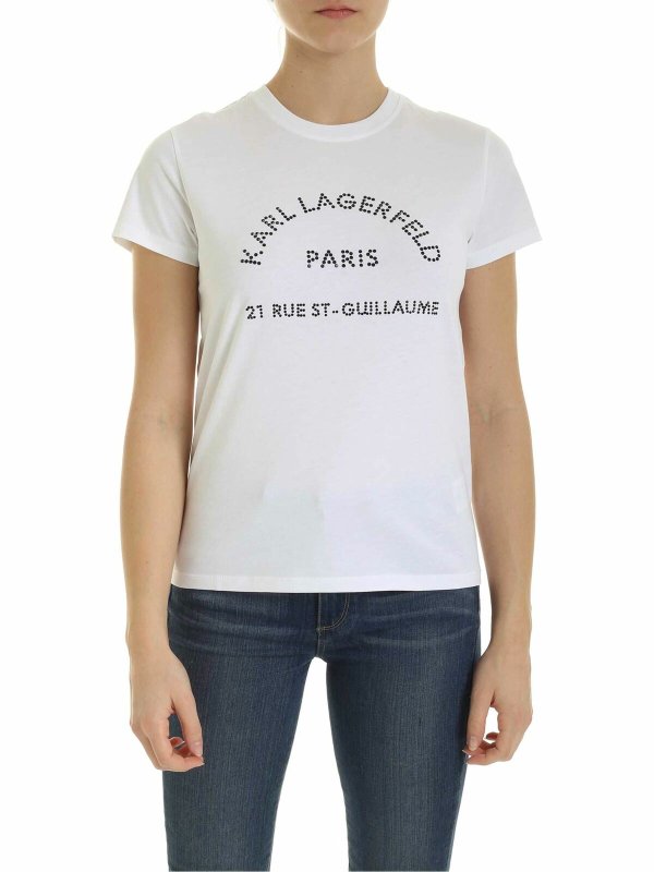 KARL LAGERFELD: t-shirts - Rue St. Guillaume rhinestones t-shirt in whit