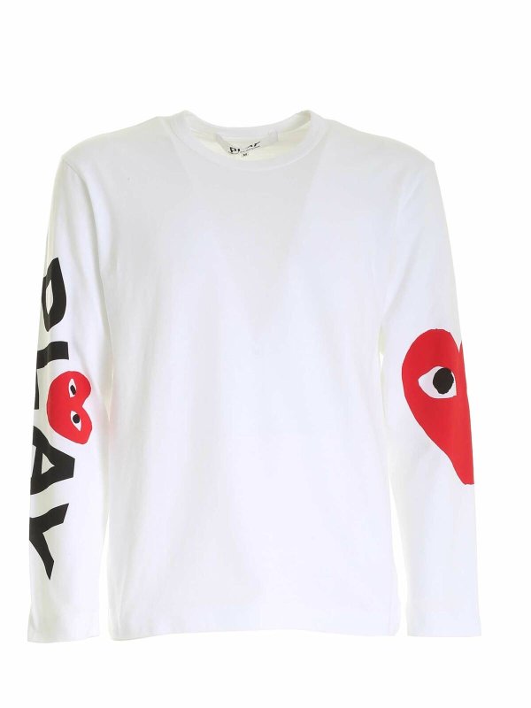 Comme des Garçons Play: t-shirts - Logo long sleeves T-shirt in white