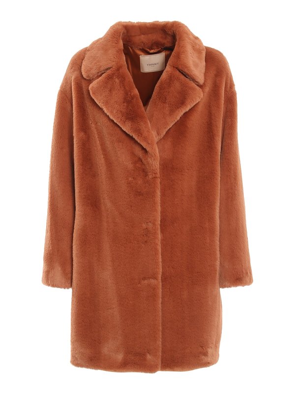 TWINSET: 毛皮＆シアリングコート - 毛皮/ムートンコート - ダークオレンジ