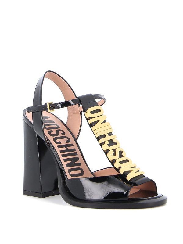 MOSCHINO: sandals online - Gold-tone logo patent sandals