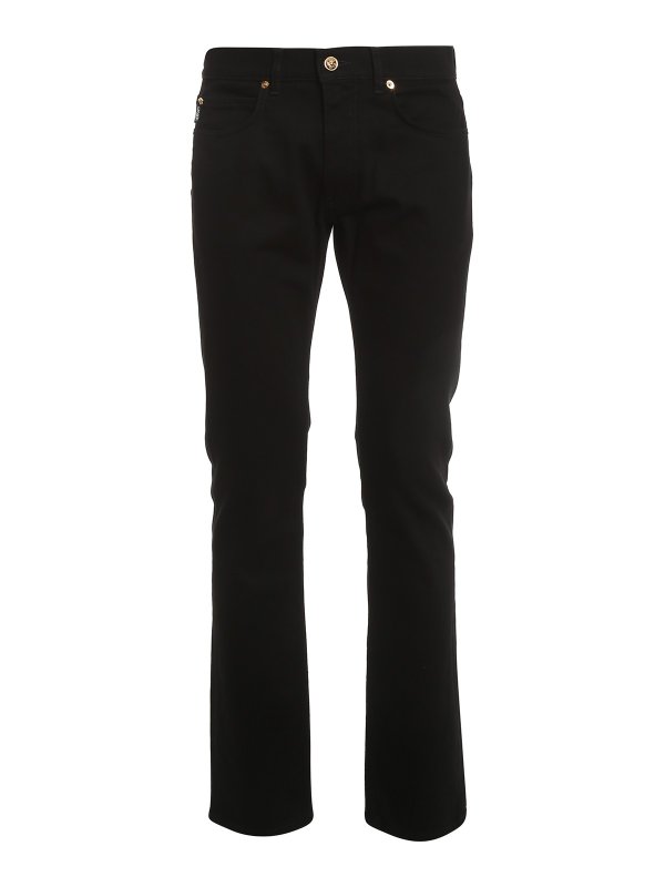 VERSACE: jeans dritti, a sigaretta - Jeans con patch in pelle e Medusa