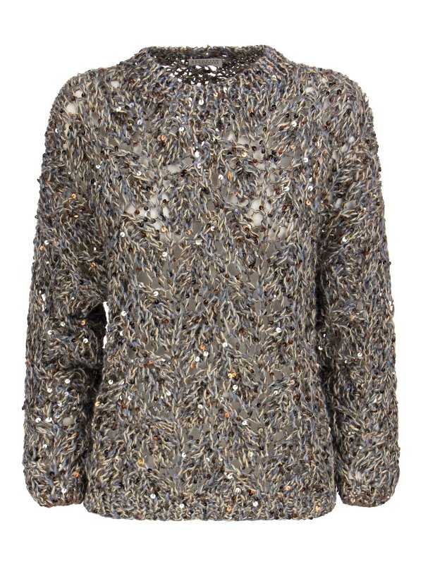 BRUNELLO CUCINELLI: crew necks - Sequined linen and cotton sweater