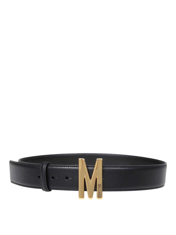 MOSCHINO: belts - Black leather belt with logo