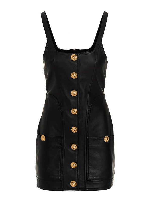Balmain: short dresses - Logo button leather dress