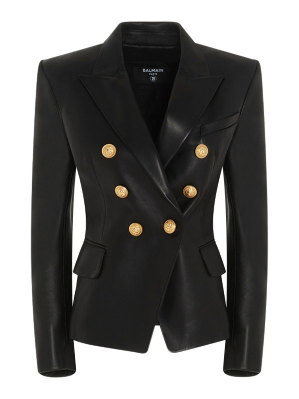 Balmain: blazers - Logo button leather blazer