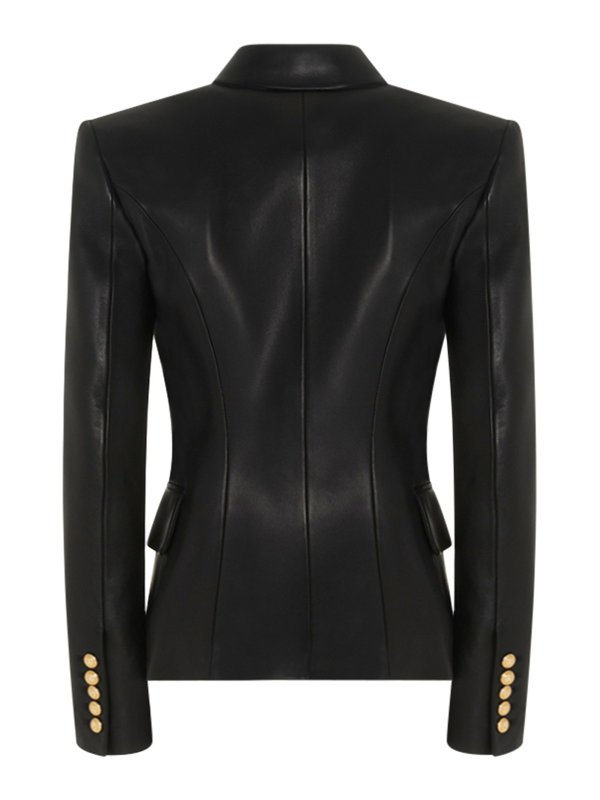 Balmain: blazers online - Logo button leather blazer