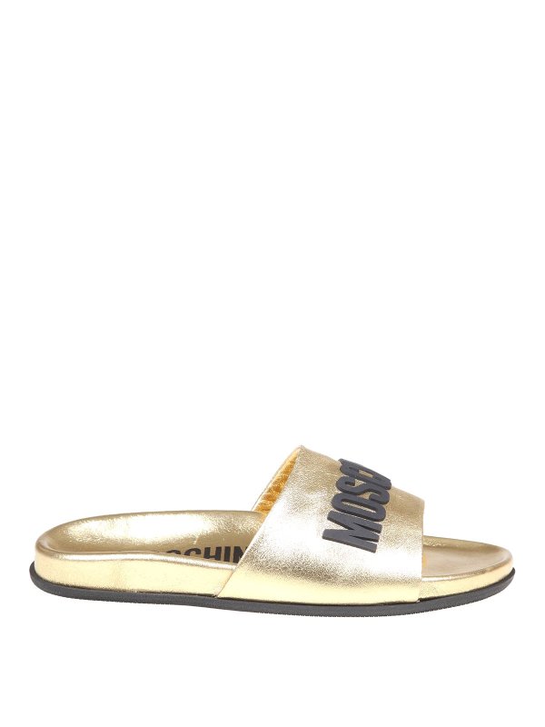MOSCHINO: sandals - Slide sandal in leather with logo