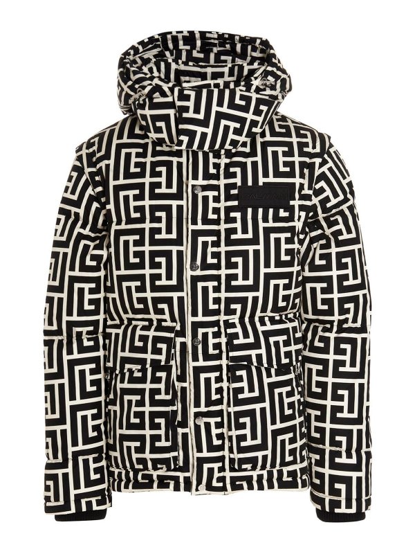 Balmain: padded jackets - Maxi monogram hooded down jacket