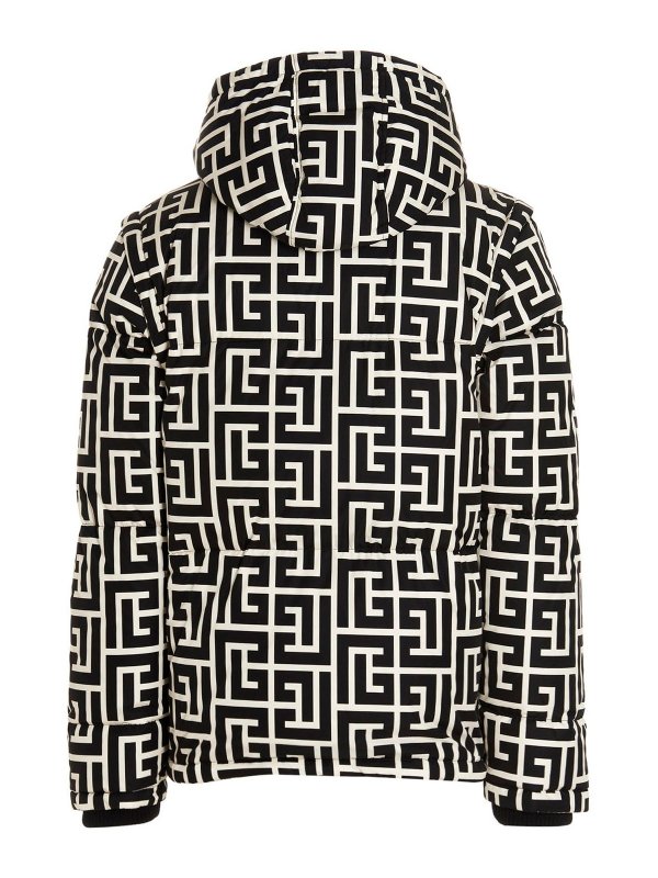 Balmain: padded jackets online - Maxi monogram hooded down jacket