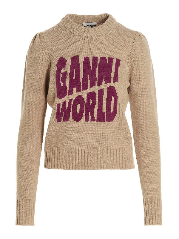 GANNI: Strickpullover mit Rundhalsausschnitt - Rundhalspullover - Beige