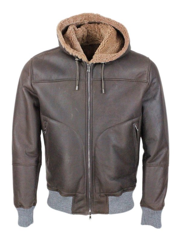 BARBA: leather jacket - Shearling hooded jacket with ribbed cuffs