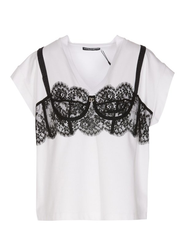 Dolce & Gabbana Lace top detailed T-shirt|F8Q93ZG7E7IW0001