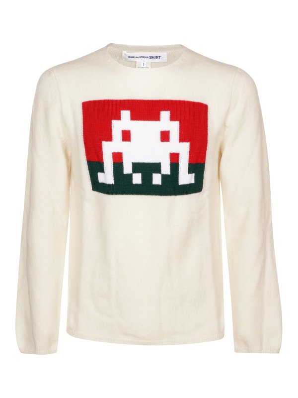 COMME DES GARCONS SHIRT: Strickpullover mit Rundhalsausschnitt - Rundhalspullover - Weiß