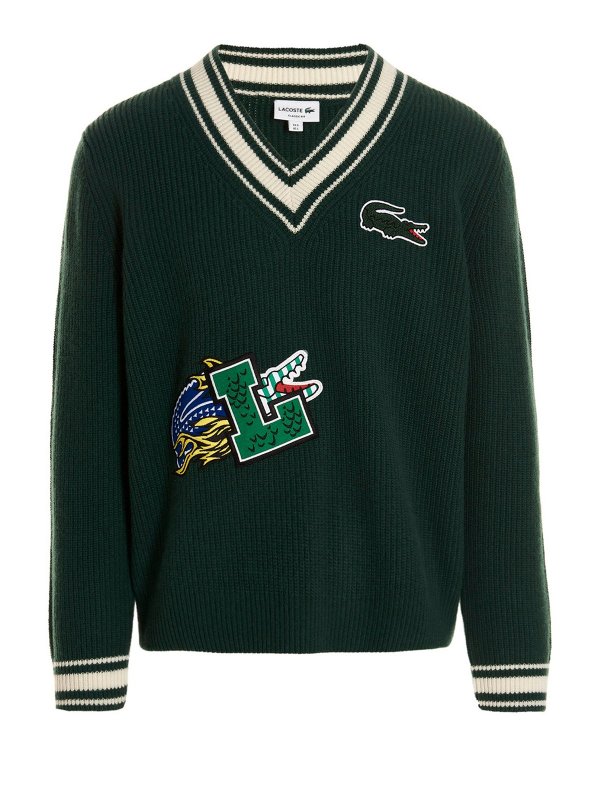 LACOSTE: v necks - Logo patch sweater