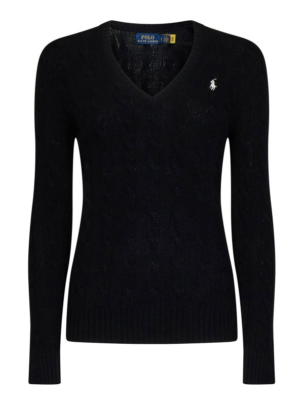 POLO RALPH LAUREN: v necks - Cable-knit wool and cashmere pullover