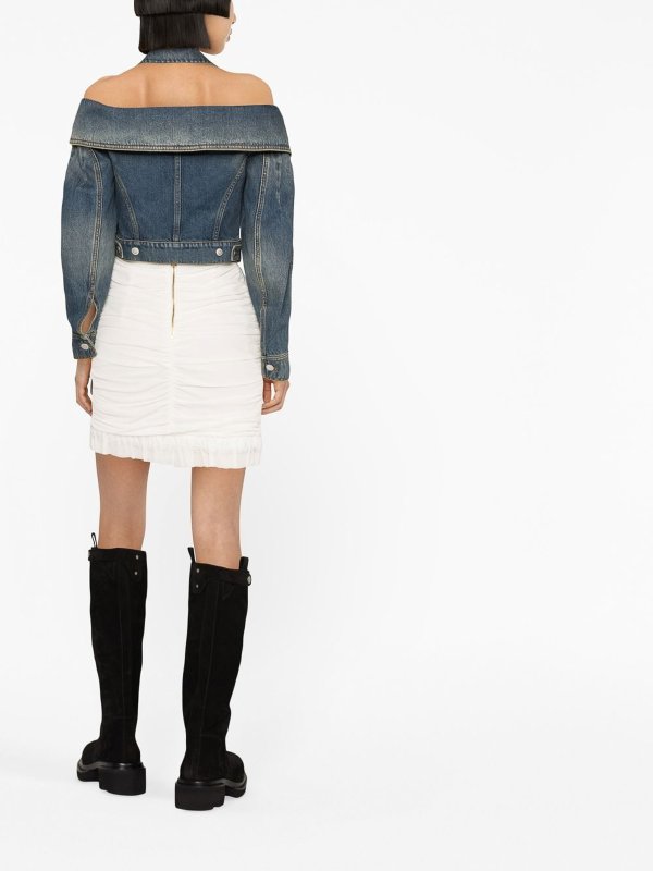 Off-shoulder denim jeans jacket shop online: ALEXANDER MCQUEEN
