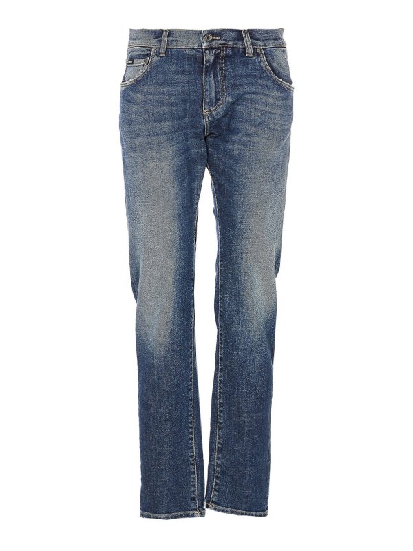 DOLCE & GABBANA: jeans dritti, a sigaretta - Jeans in denim con zip e placca logo