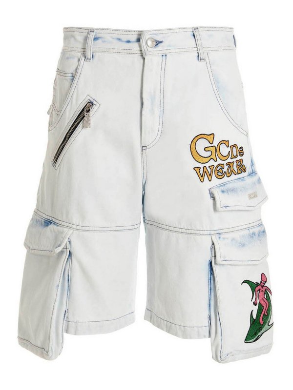 GCDS: pantaloni shorts - Bermuda ultracargo ricamati sbiancati