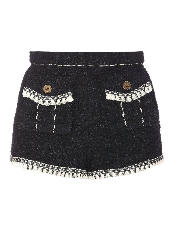 ELISABETTA FRANCHI: Trousers Shorts - Short skirt in tweed with fringe details