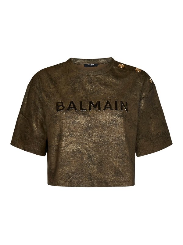 Balmain: t-shirt - T-shirt con logo dettagliato con bottoni