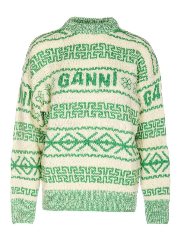 GANNI: Strickpullover mit Rundhalsausschnitt - Rundhalspullover - Grün