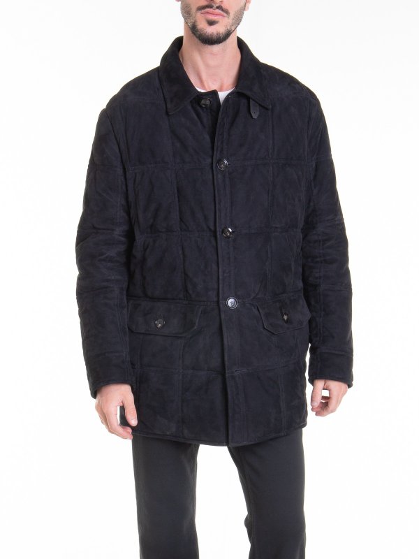 BRIONI: padded jackets online - Black leather down jacket