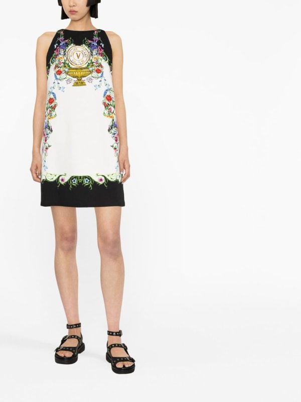 Versace Jeans Couture: knee length dresses online - V-emblem garden-print dress