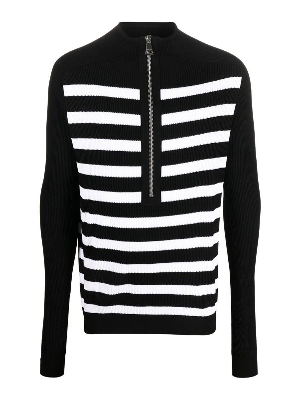 Balmain: crew necks - Striped half-zip jumper