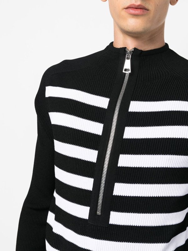 Balmain: crew necks online - Striped half-zip jumper